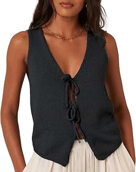 Women Sleeveless Knit Vest Top V Neck Open Front Tie Up Crochet